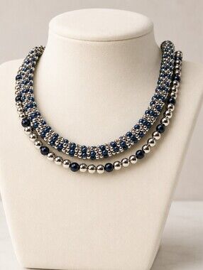 Talbots 2-Piece Convertible Beaded Necklace Set Navy Silver Tone Magnetic Clasp